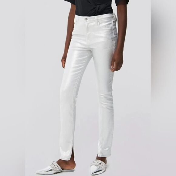 SIMKHAI Rae High Rise Skinny Denim Jeans in Silver Foil, Stretch | 27 - Picture 1 of 14